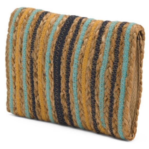 AMERICA & BEYOND Sunset Striped Staw Woven Jute Clutch Purse Tan Blue OS NWT - Picture 2 of 12